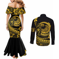 Polynesian Plumeria Couples Matching Mermaid Dress and Long Sleeve Button Shirts Ride The Waves - Yellow LT7 - Polynesian Pride