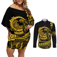 Polynesian Plumeria Couples Matching Off Shoulder Short Dress and Long Sleeve Button Shirts Ride The Waves - Yellow LT7 Yellow - Polynesian Pride