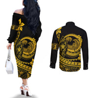Polynesian Plumeria Couples Matching Off The Shoulder Long Sleeve Dress and Long Sleeve Button Shirts Ride The Waves - Yellow LT7 - Polynesian Pride