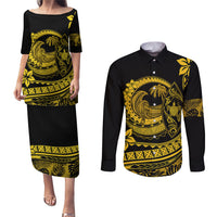 Polynesian Plumeria Couples Matching Puletasi Dress and Long Sleeve Button Shirts Ride The Waves - Yellow LT7 Yellow - Polynesian Pride