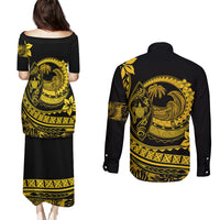 Polynesian Plumeria Couples Matching Puletasi Dress and Long Sleeve Button Shirts Ride The Waves - Yellow LT7 - Polynesian Pride