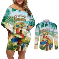 Aloha Hawaii It's 5 o'clock Somewhere Couples Matching Off Shoulder Short Dress and Long Sleeve Button Shirt - Polynesian Pride