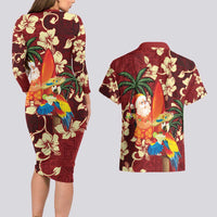 Crimson Red Tropical Christmas Hawaii Tapa Couples Matching Long Sleeve Bodycon Dress and Hawaiian Shirt Aloha Santa Drink Party - Polynesian Pride