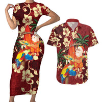 Crimson Red Tropical Christmas Hawaii Tapa Couples Matching Short Sleeve Bodycon Dress and Hawaiian Shirt Aloha Santa Drink Party - Polynesian Pride