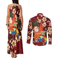 Crimson Red Tropical Christmas Hawaii Tapa Couples Matching Tank Maxi Dress and Long Sleeve Button Shirt Aloha Santa Drink Party - Polynesian Pride