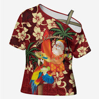 Crimson Red Tropical Christmas Hawaii Tapa Cross Shoulder Shirt Aloha Santa Drink Party - Polynesian Pride