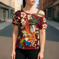 Crimson Red Tropical Christmas Hawaii Tapa Cross Shoulder Shirt Aloha Santa Drink Party - Polynesian Pride