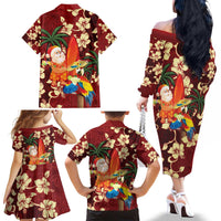 Crimson Red Tropical Christmas Hawaii Tapa Family Matching Off The Shoulder Long Sleeve Dress and Hawaiian Shirt Aloha Santa Drink Party - Polynesian Pride