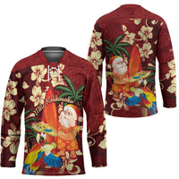 Crimson Red Tropical Christmas Hawaii Tapa Hockey Jersey Aloha Santa Drink Party - Polynesian Pride