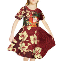 Crimson Red Tropical Christmas Hawaii Tapa Kid Short Sleeve Dress Aloha Santa Drink Party - Polynesian Pride