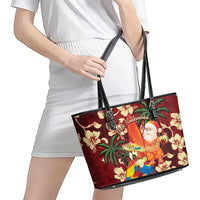 Crimson Red Tropical Christmas Hawaii Tapa Leather Tote Bag Aloha Santa Drink Party - Polynesian Pride