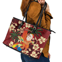 Crimson Red Tropical Christmas Hawaii Tapa Leather Tote Bag Aloha Santa Drink Party - Polynesian Pride