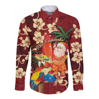 Crimson Red Tropical Christmas Hawaii Tapa Long Sleeve Button Shirt Aloha Santa Drink Party - Polynesian Pride
