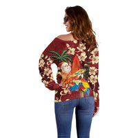 Crimson Red Tropical Christmas Hawaii Tapa Off Shoulder Sweater Aloha Santa Drink Party LT7 - Polynesian Pride