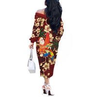 Crimson Red Tropical Christmas Hawaii Tapa Off The Shoulder Long Sleeve Dress Aloha Santa Drink Party - Polynesian Pride