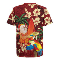 Crimson Red Tropical Christmas Hawaii Tapa Rugby Jersey Aloha Santa Drink Party - Polynesian Pride