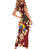 Crimson Red Tropical Christmas Hawaii Tapa Short Sleeve Bodycon Dress Aloha Santa Drink Party - Polynesian Pride