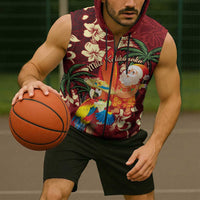 Crimson Red Tropical Christmas Hawaii Tapa Sleeveless Zip Hoodie Aloha Santa Drink Party LT7 - Polynesian Pride