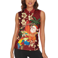 Crimson Red Tropical Christmas Hawaii Tapa Women Sleeveless Polo Shirt Aloha Santa Drink Party - Polynesian Pride