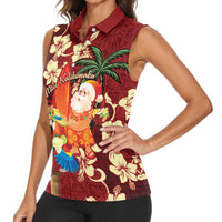 Crimson Red Tropical Christmas Hawaii Tapa Women Sleeveless Polo Shirt Aloha Santa Drink Party - Polynesian Pride