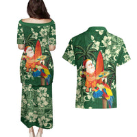 Moss Green Tropical Christmas Hawaii Tapa Couples Matching Puletasi and Hawaiian Shirt Aloha Santa Drink Party - Polynesian Pride