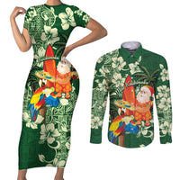Moss Green Tropical Christmas Hawaii Tapa Couples Matching Short Sleeve Bodycon Dress and Long Sleeve Button Shirt Aloha Santa Drink Party - Polynesian Pride