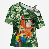 Moss Green Tropical Christmas Hawaii Tapa Cross Shoulder Shirt Aloha Santa Drink Party - Polynesian Pride