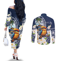 Hafa Adai Guam Couples Matching Off The Shoulder Long Sleeve Dress and Long Sleeve Button Shirt Sihek Guam Kingfisher with Guasali