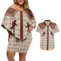 Aloha Hawaii Cowboys Paniolo Couples Matching Off Shoulder Short Dress and Hawaiian Shirt Beige Palaka - Polynesian Pride