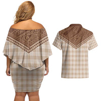 Aloha Hawaii Cowboys Paniolo Couples Matching Off Shoulder Short Dress and Hawaiian Shirt Beige Palaka - Polynesian Pride