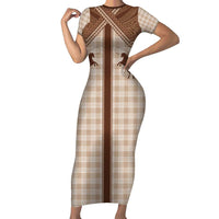 Aloha Hawaii Cowboys Paniolo Family Matching Short Sleeve Bodycon Dress and Hawaiian Shirt Beige Palaka - Polynesian Pride
