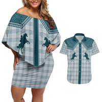Aloha Hawaii Cowboys Paniolo Couples Matching Off Shoulder Short Dress and Hawaiian Shirt Teal Palaka - Polynesian Pride