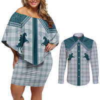Aloha Hawaii Cowboys Paniolo Couples Matching Off Shoulder Short Dress and Long Sleeve Button Shirt Teal Palaka - Polynesian Pride