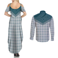 Aloha Hawaii Cowboys Paniolo Couples Matching Summer Maxi Dress and Long Sleeve Button Shirt Teal Palaka - Polynesian Pride