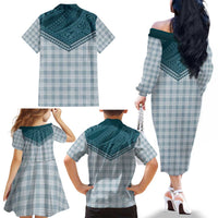 Aloha Hawaii Cowboys Paniolo Family Matching Off The Shoulder Long Sleeve Dress and Hawaiian Shirt Teal Palaka - Polynesian Pride