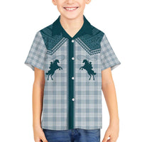 Aloha Hawaii Cowboys Paniolo Family Matching Off The Shoulder Long Sleeve Dress and Hawaiian Shirt Teal Palaka - Polynesian Pride