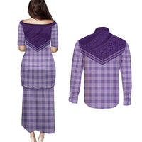 Aloha Hawaii Cowboys Paniolo Couples Matching Puletasi and Long Sleeve Button Shirt Violet Palaka LT7 - Polynesian Pride