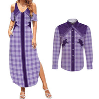 Aloha Hawaii Cowboys Paniolo Couples Matching Summer Maxi Dress and Long Sleeve Button Shirt Violet Palaka - Polynesian Pride