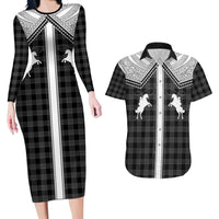 Aloha Hawaii Cowboys Paniolo Couples Matching Long Sleeve Bodycon Dress and Hawaiian Shirt Black Palaka - Polynesian Pride