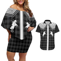 Aloha Hawaii Cowboys Paniolo Couples Matching Off Shoulder Short Dress and Hawaiian Shirt Black Palaka LT7 Black - Polynesian Pride