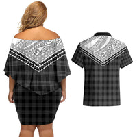 Aloha Hawaii Cowboys Paniolo Couples Matching Off Shoulder Short Dress and Hawaiian Shirt Black Palaka LT7 - Polynesian Pride