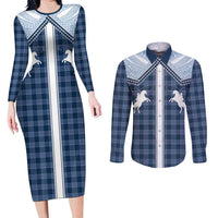 Aloha Hawaii Cowboys Paniolo Couples Matching Long Sleeve Bodycon Dress and Long Sleeve Button Shirt Navy Blue Palaka - Polynesian Pride