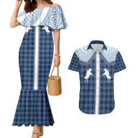 Aloha Hawaii Cowboys Paniolo Couples Matching Mermaid Dress and Hawaiian Shirt Navy Blue Palaka LT7 Navy - Polynesian Pride