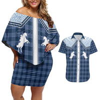 Aloha Hawaii Cowboys Paniolo Couples Matching Off Shoulder Short Dress and Hawaiian Shirt Navy Blue Palaka LT7 Navy - Polynesian Pride