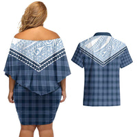Aloha Hawaii Cowboys Paniolo Couples Matching Off Shoulder Short Dress and Hawaiian Shirt Navy Blue Palaka LT7 - Polynesian Pride