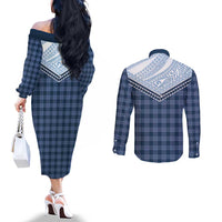 Aloha Hawaii Cowboys Paniolo Couples Matching Off The Shoulder Long Sleeve Dress and Long Sleeve Button Shirt Navy Blue Palaka - Polynesian Pride