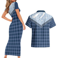 Aloha Hawaii Cowboys Paniolo Couples Matching Short Sleeve Bodycon Dress and Hawaiian Shirt Navy Blue Palaka - Polynesian Pride