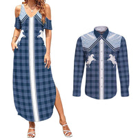 Aloha Hawaii Cowboys Paniolo Couples Matching Summer Maxi Dress and Long Sleeve Button Shirt Navy Blue Palaka LT7 Navy - Polynesian Pride