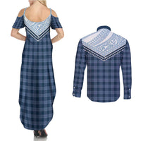 Aloha Hawaii Cowboys Paniolo Couples Matching Summer Maxi Dress and Long Sleeve Button Shirt Navy Blue Palaka LT7 - Polynesian Pride