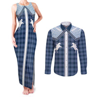 Aloha Hawaii Cowboys Paniolo Couples Matching Tank Maxi Dress and Long Sleeve Button Shirt Navy Blue Palaka - Polynesian Pride